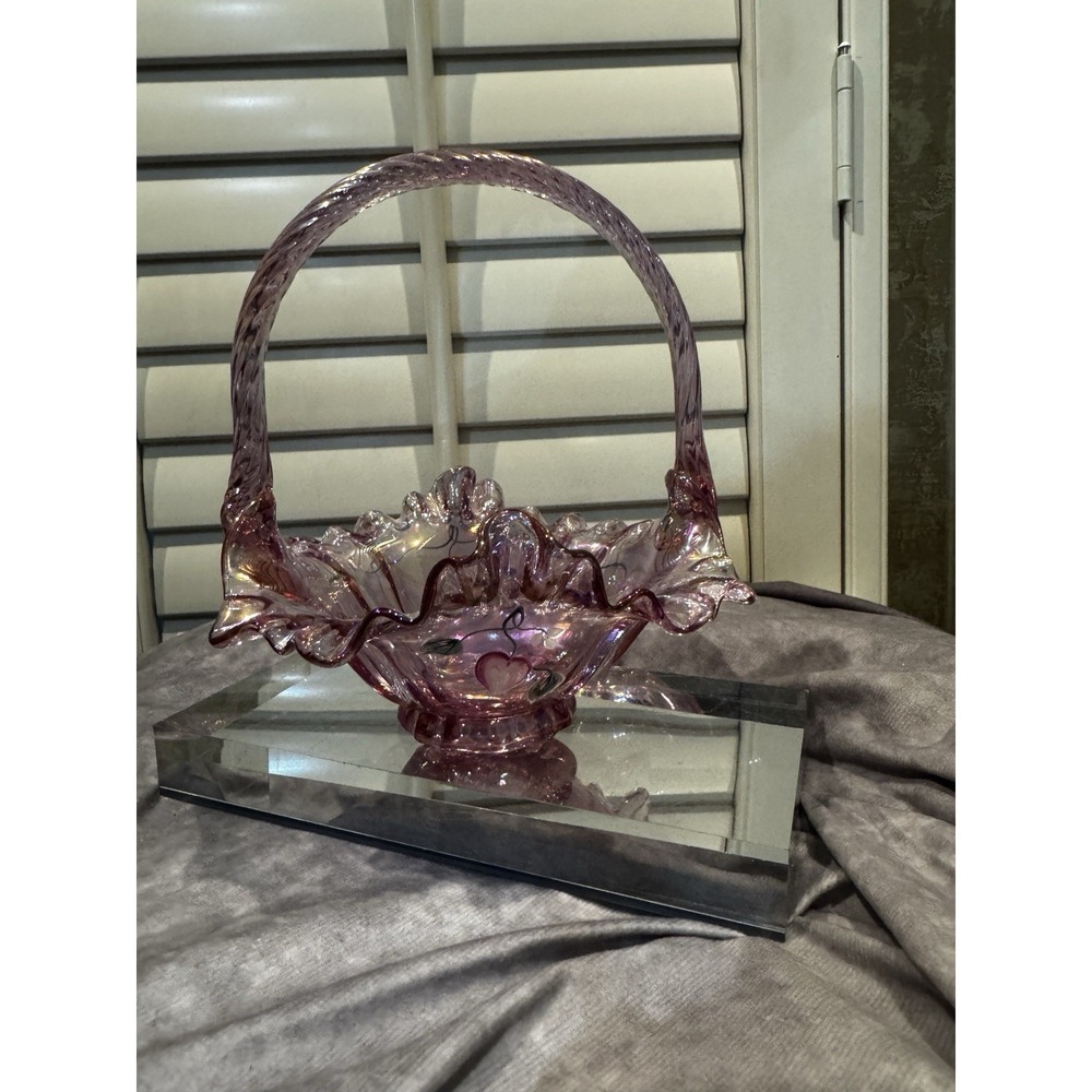 Signed Hand‎ painted FENTON Purple  RIBBON-CANDY Edge Floral Basket!